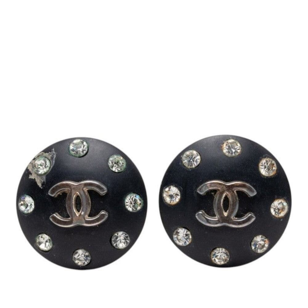 Chanel CC Logo Round Earrings 96A Black Plated Rhinestone